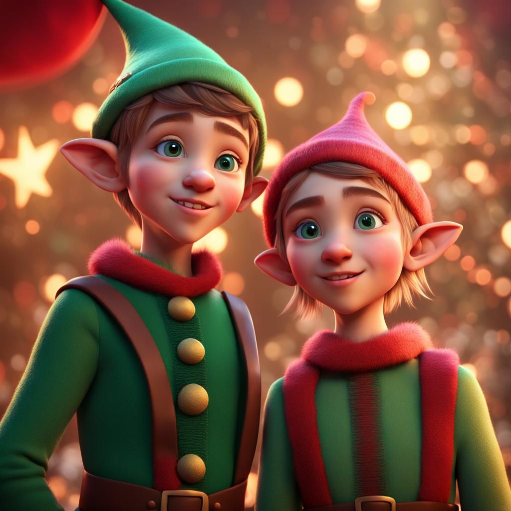 Elf Children Celebrate Christmas: 3D Digital Art