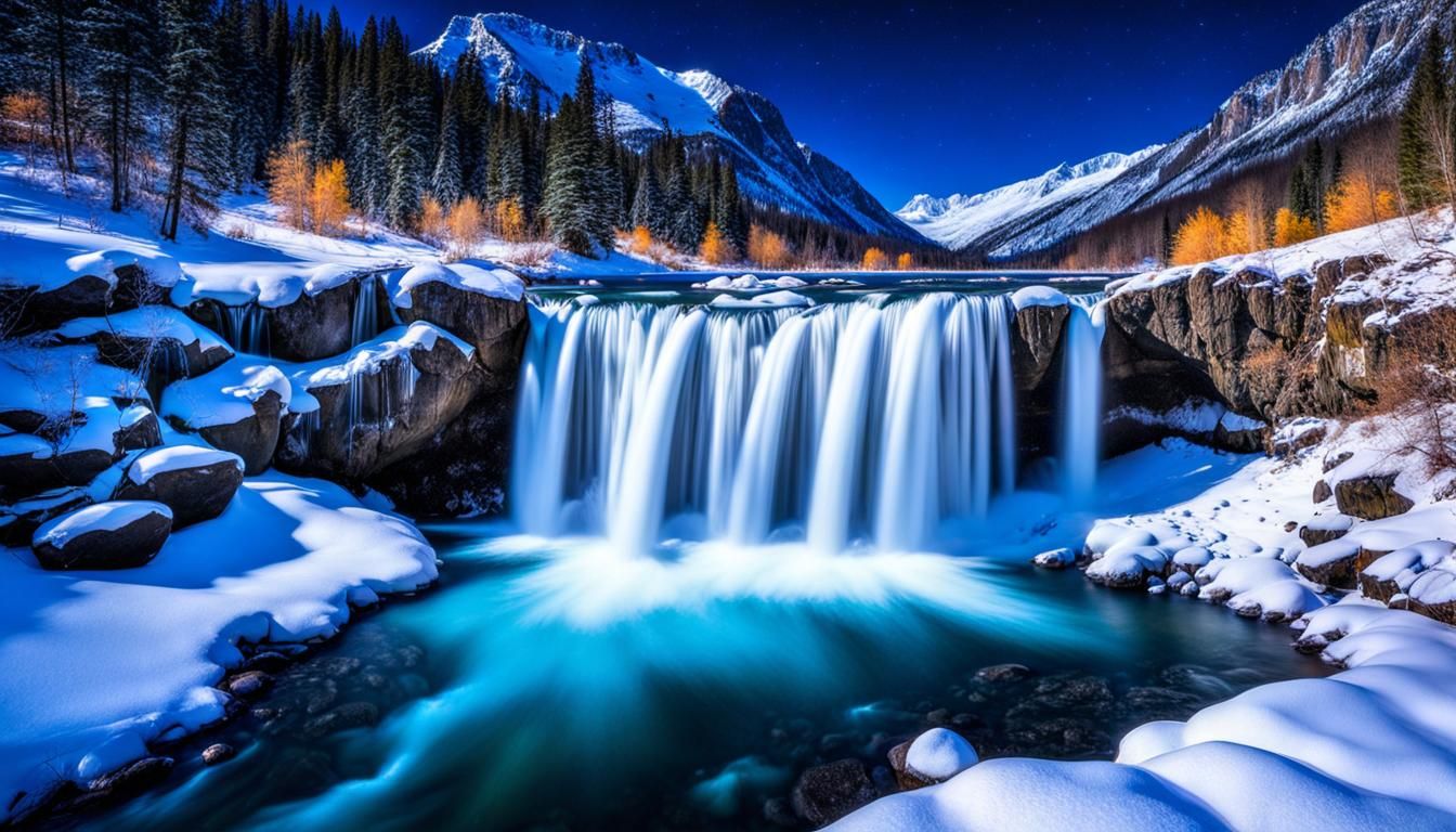 Aurora Borealis Over Frozen Waterfall in Winter Wonderland
