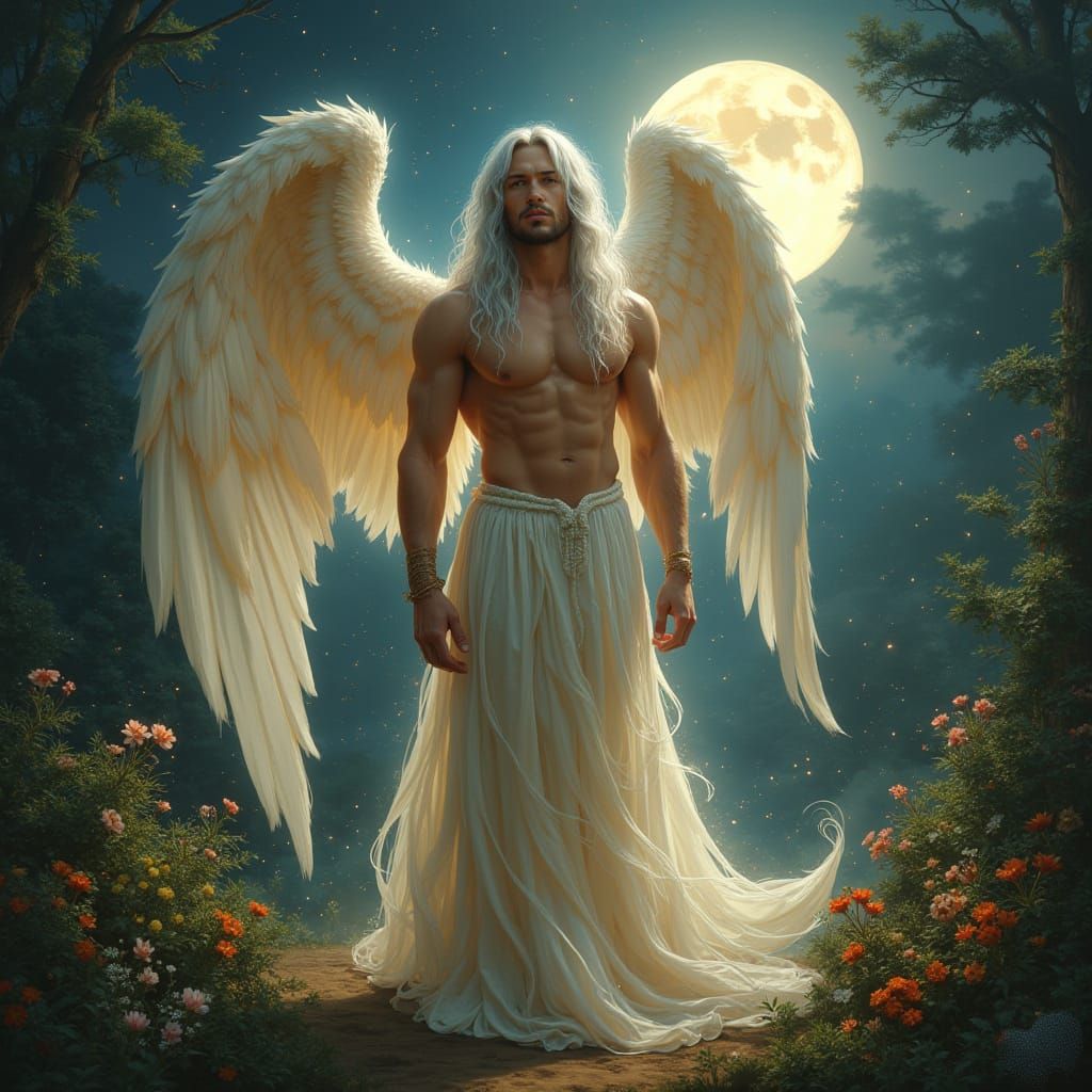 Androgynous Angel in Moonlit Garden, Renaissance Style