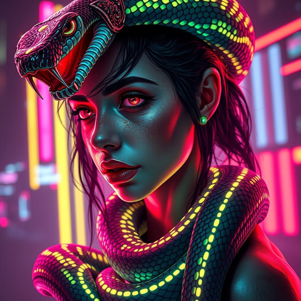 Cyberpunk Snake Goddess with Biomech Snakes