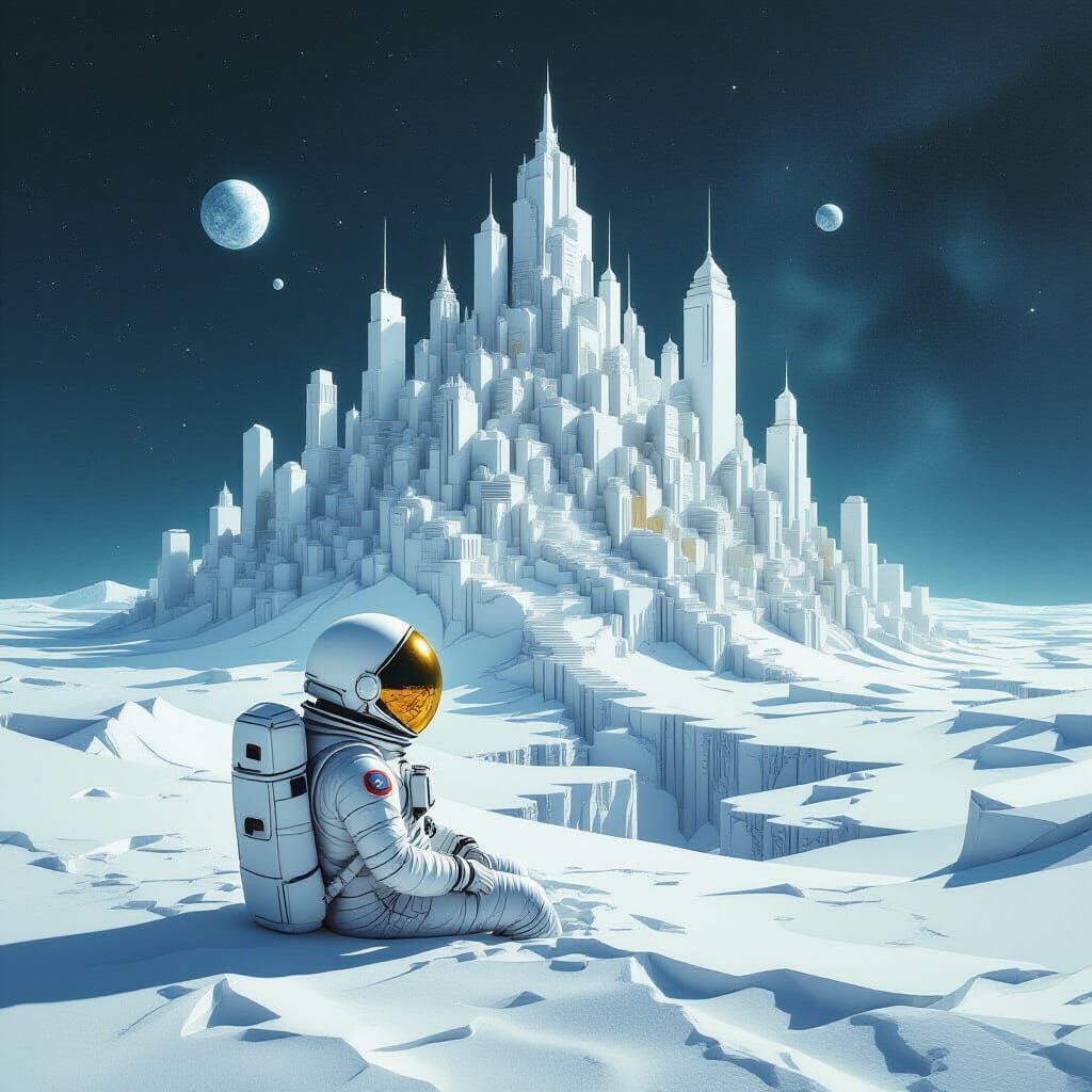 Astronaut Reflects Paper City in Deep Space