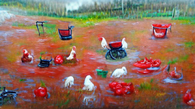 Red Wheelbarrow with Chickens as Impressionist Painting