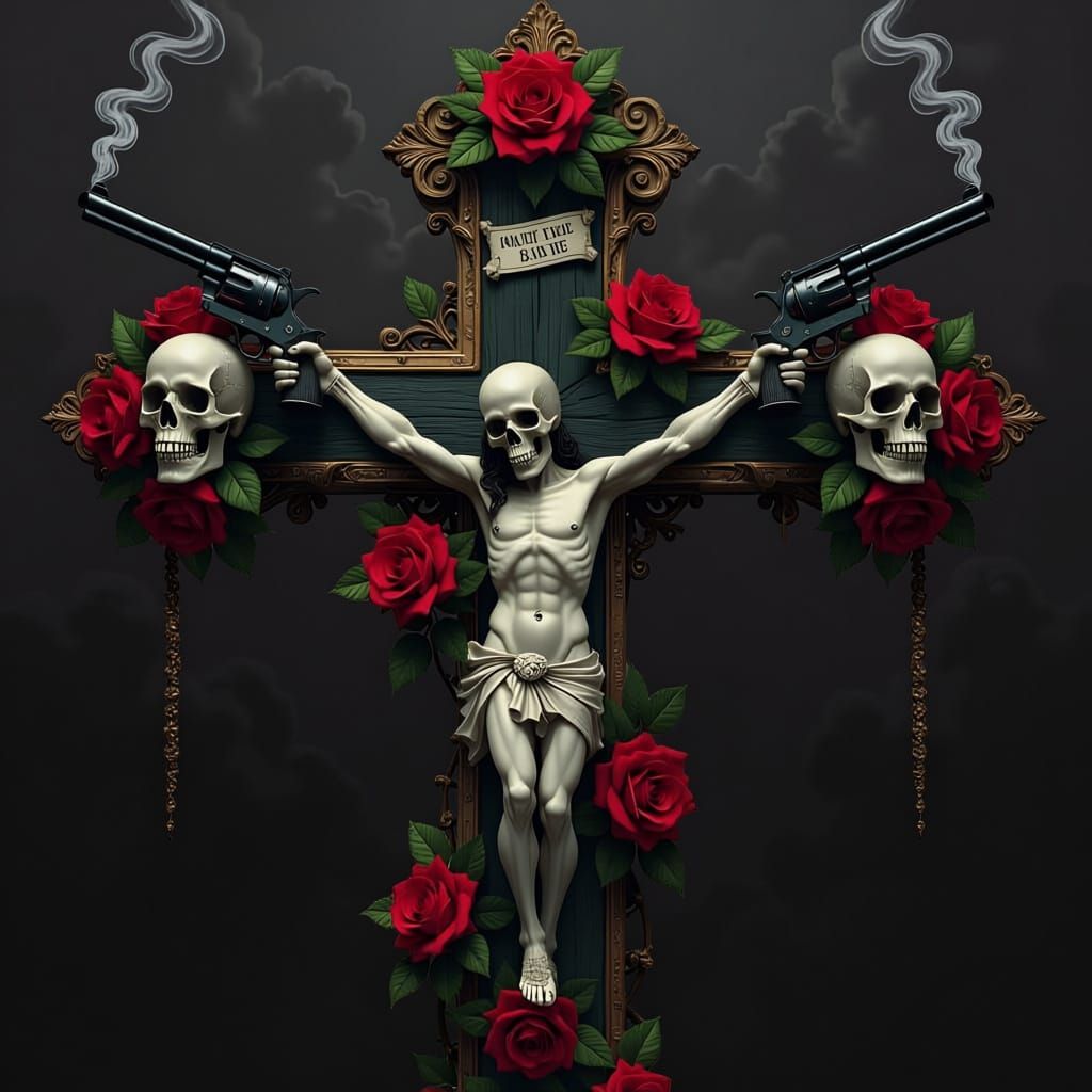 Giant 3D Cross with Roses, Skulls, and Revolvers