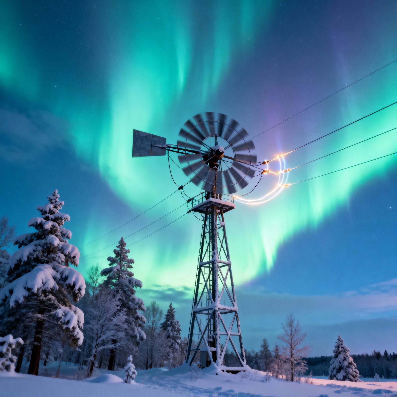 Electrically Charged Windmill Under Aurora Sky