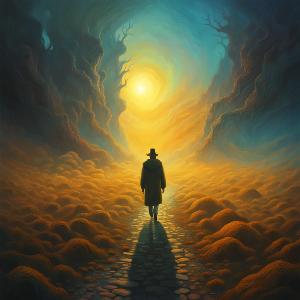 Beksiński-Inspired Surreal Oil Painting: Walking in Light