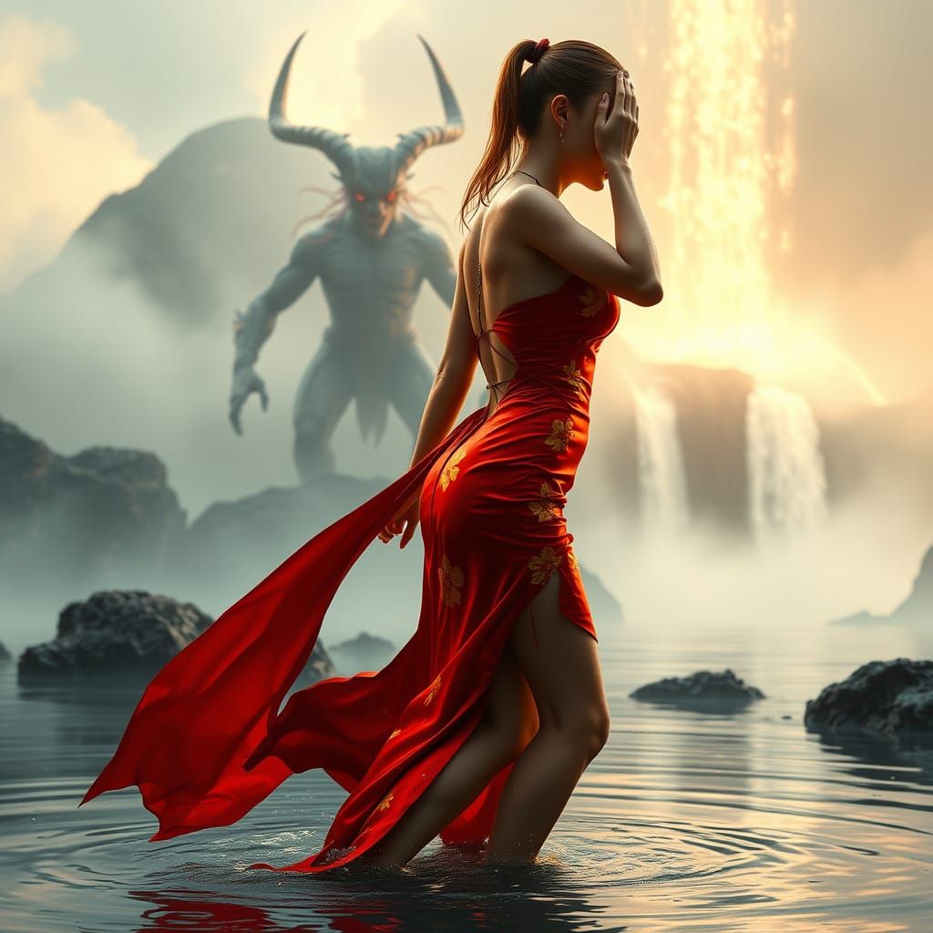 Ethereal Warrior Emerges from Misty Mountain's Pool