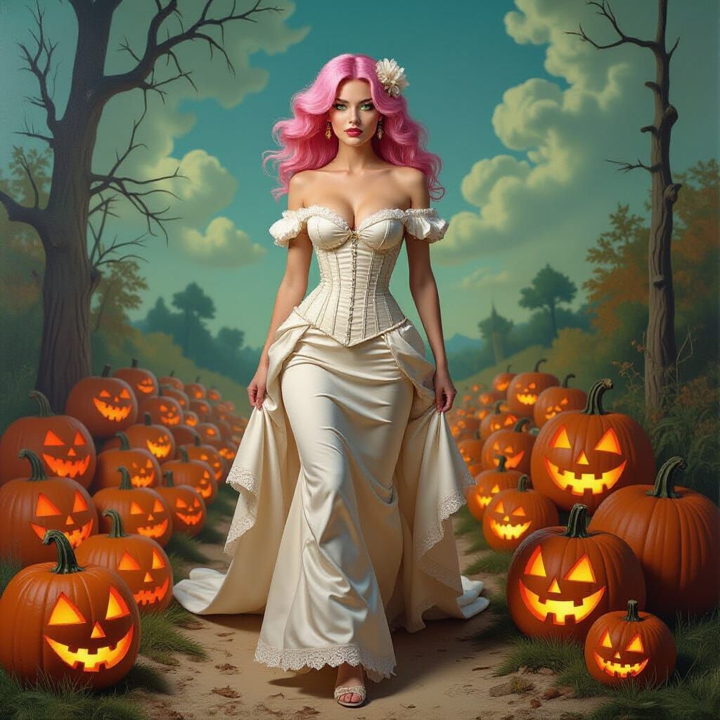 Pink Haired Woman Enters Surreal Jack-o-Lantern World
