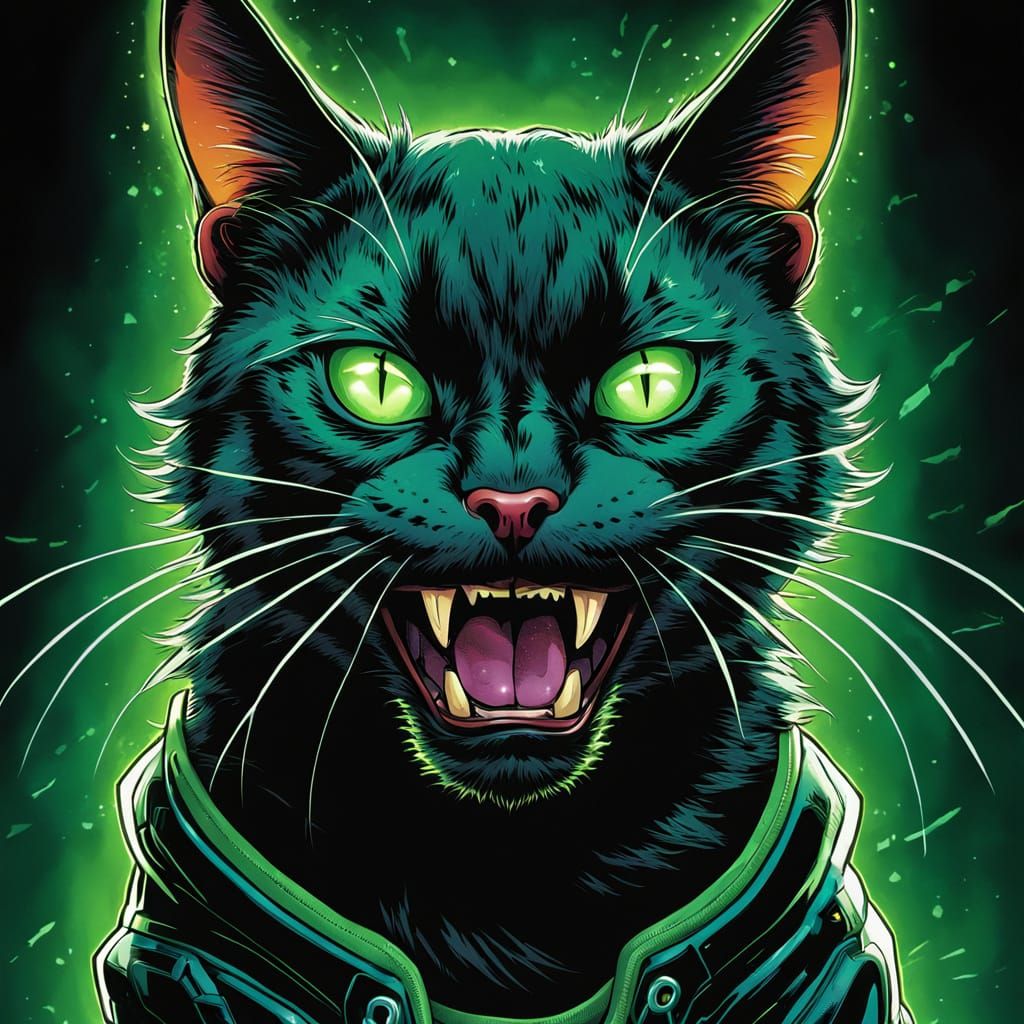 Black Cat with Glowing Eyes, Comic Book Art