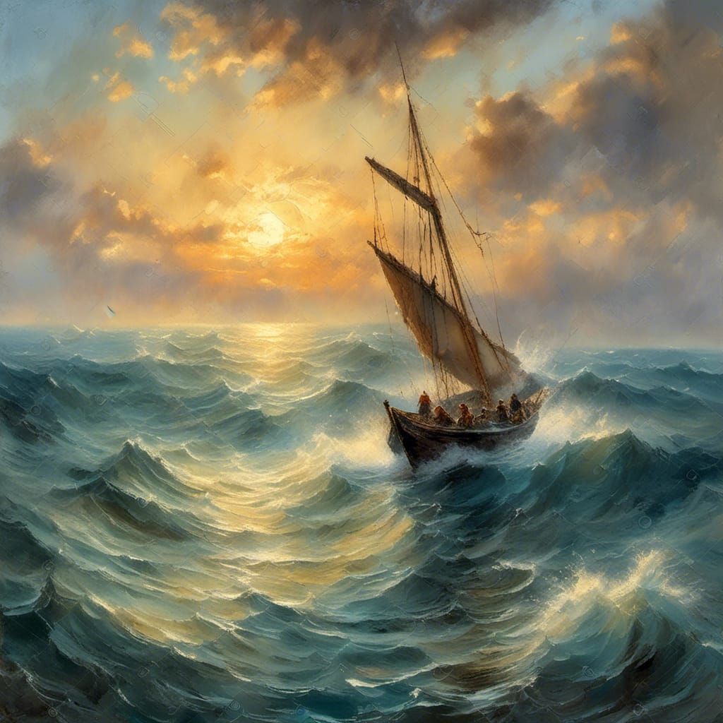 Dawn Sailboat Oil Painting with Dolphins