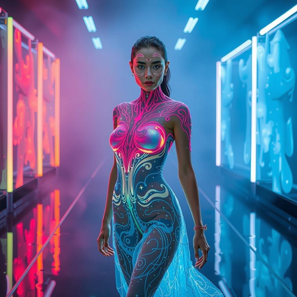 Surreal Models Strut Futuristic Catwalk in Holographic Dress...