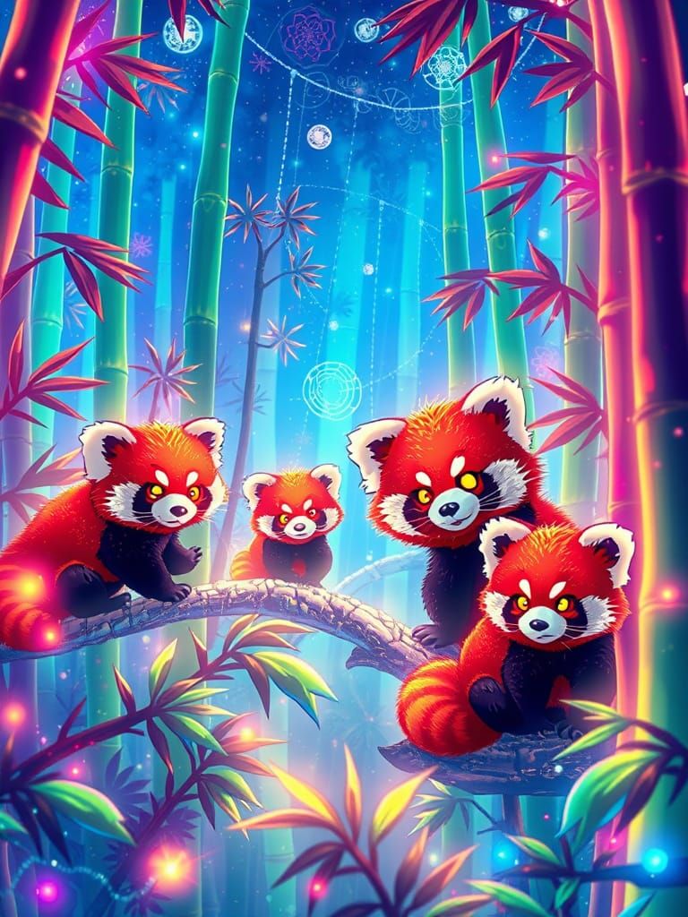Chibi Red Pandas in Neon Fiberoptic Forest