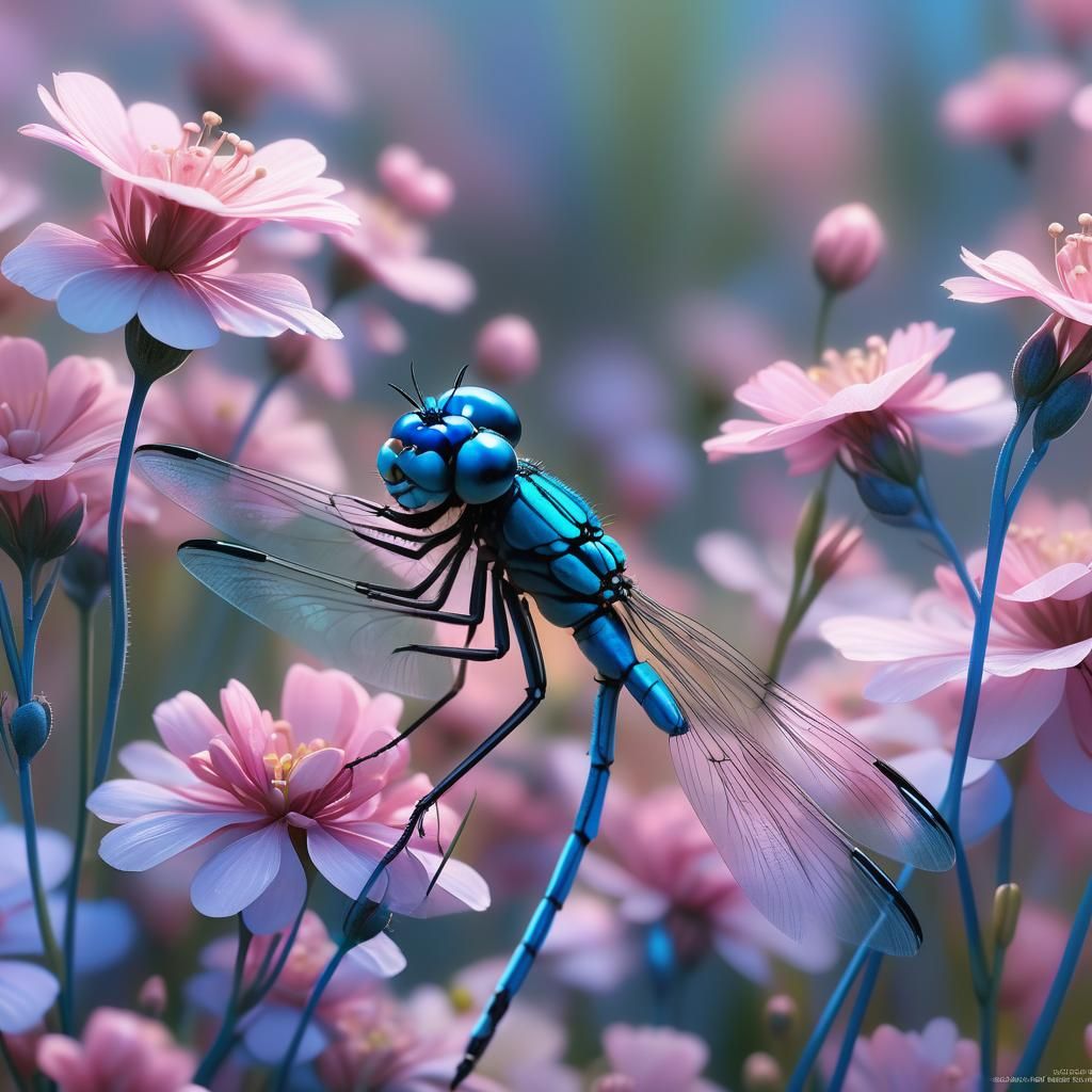 Blue Damselfly on Pink Flowers in Pixar Style