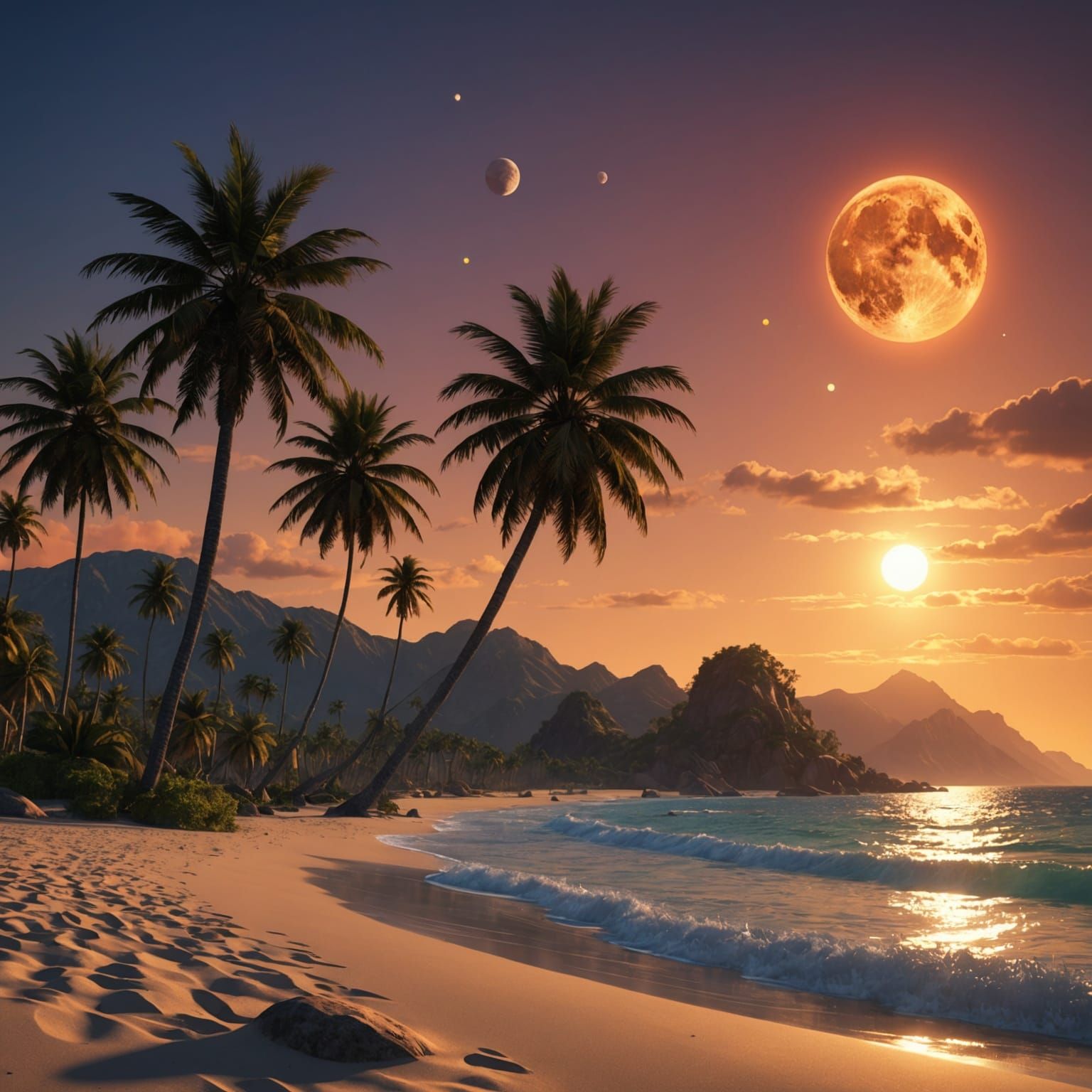 Beach Sunset with Three Moons: A Detailed Matte Painting