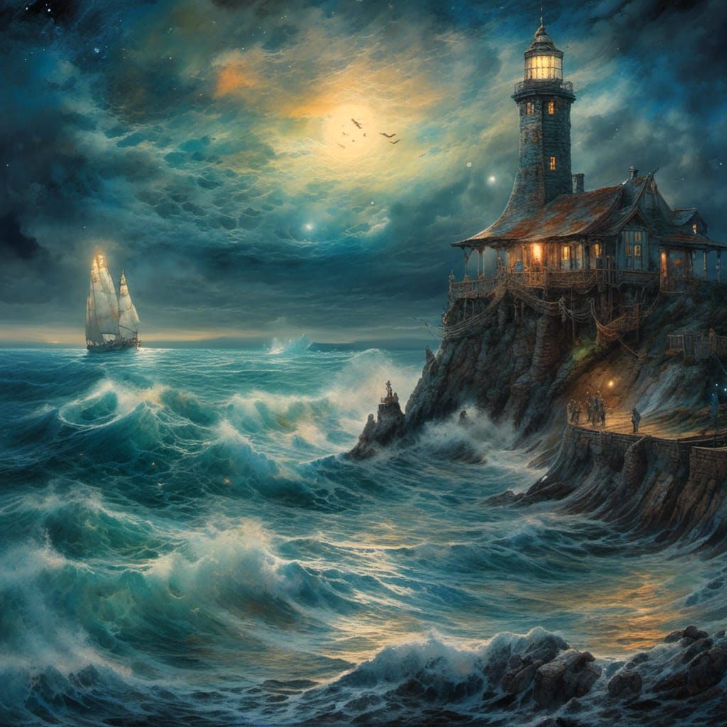 Fantasycore Watercolor Lighthouse at Midnight