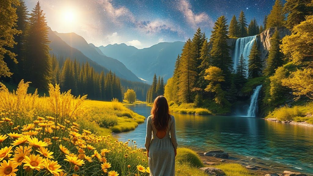 Surreal Cosmic Landscape with Vibrant Yellow Flowers and Maj...