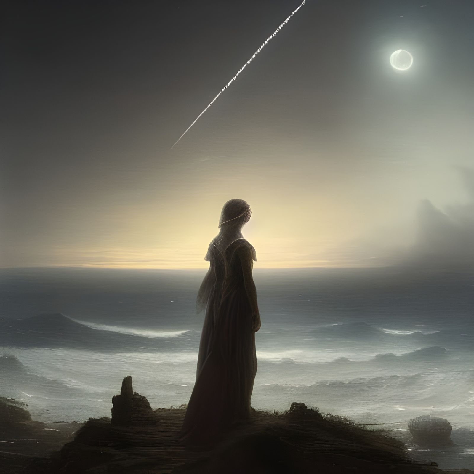 Woman Watching Shooting Stars, Detailed Matte Painting