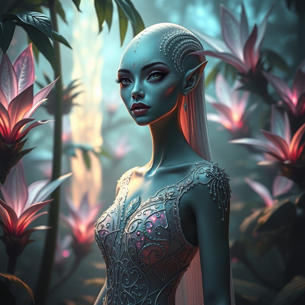 Hyperrealistic Alien Goddess in Iridescent Jungle