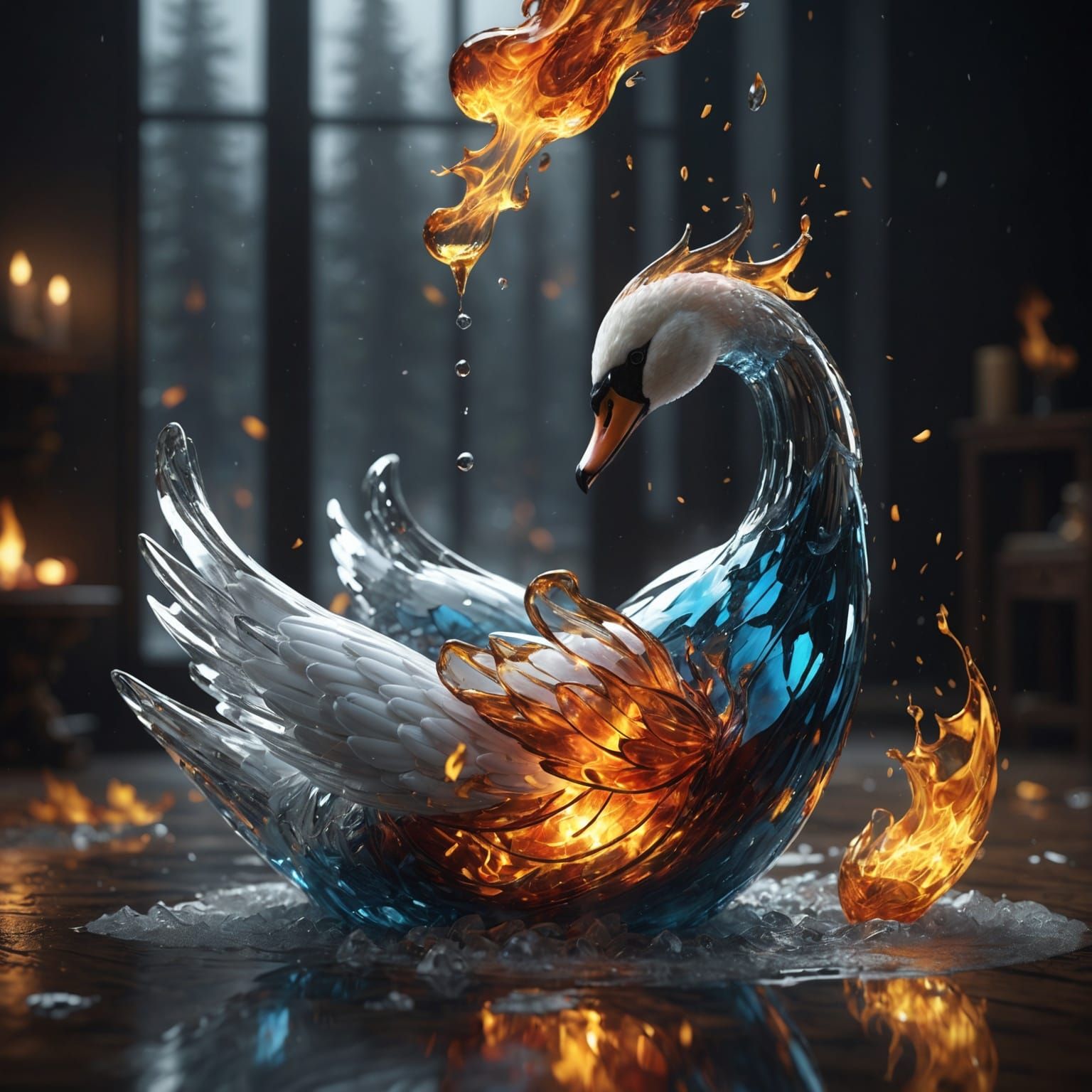Exploding Glass Swan with Fire, Detailed Digital Art