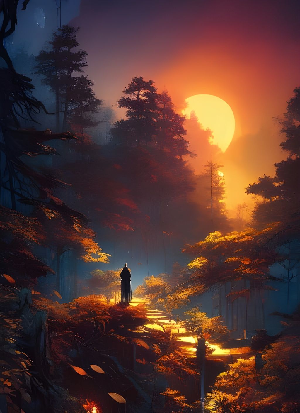 Burning Bright Tiger in Dark Forest, Gritty Watercolor Art