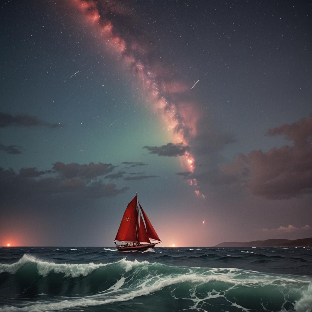 Cinematic Sailing Scene with Rainbow Moonlight