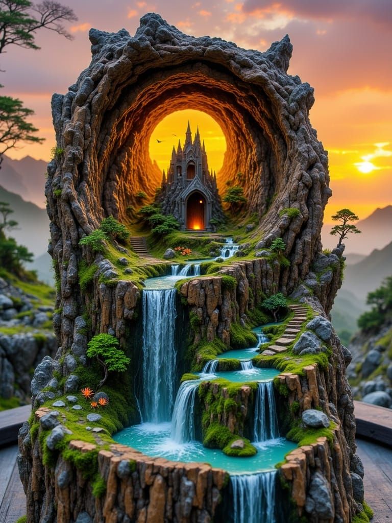 Gothic Castle Diorama in Tree Stump at Sunset