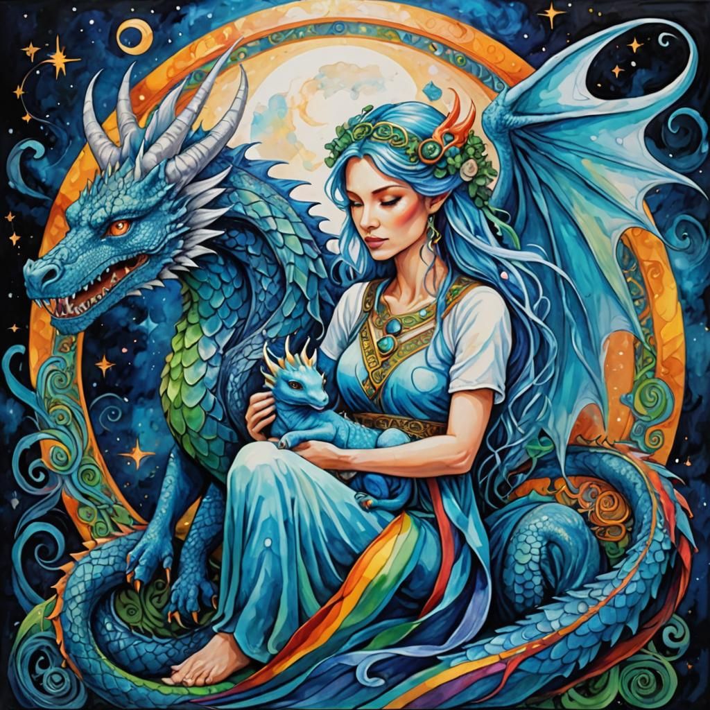 Celtic Lady with Dragon on Moon: Abstract Art