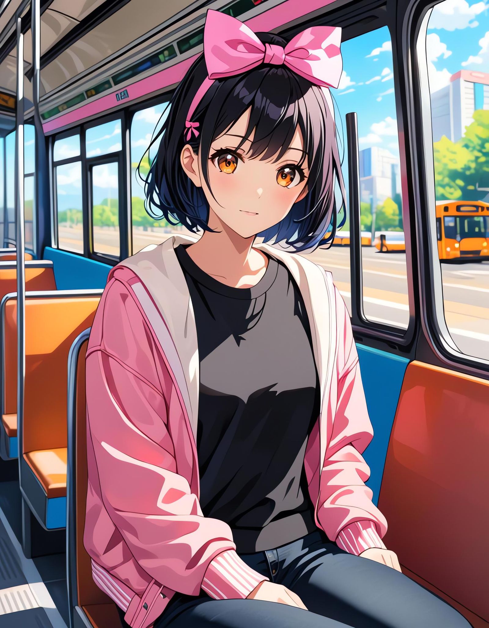 Girl in Pink Bow Sits on Bus: Cel Shading