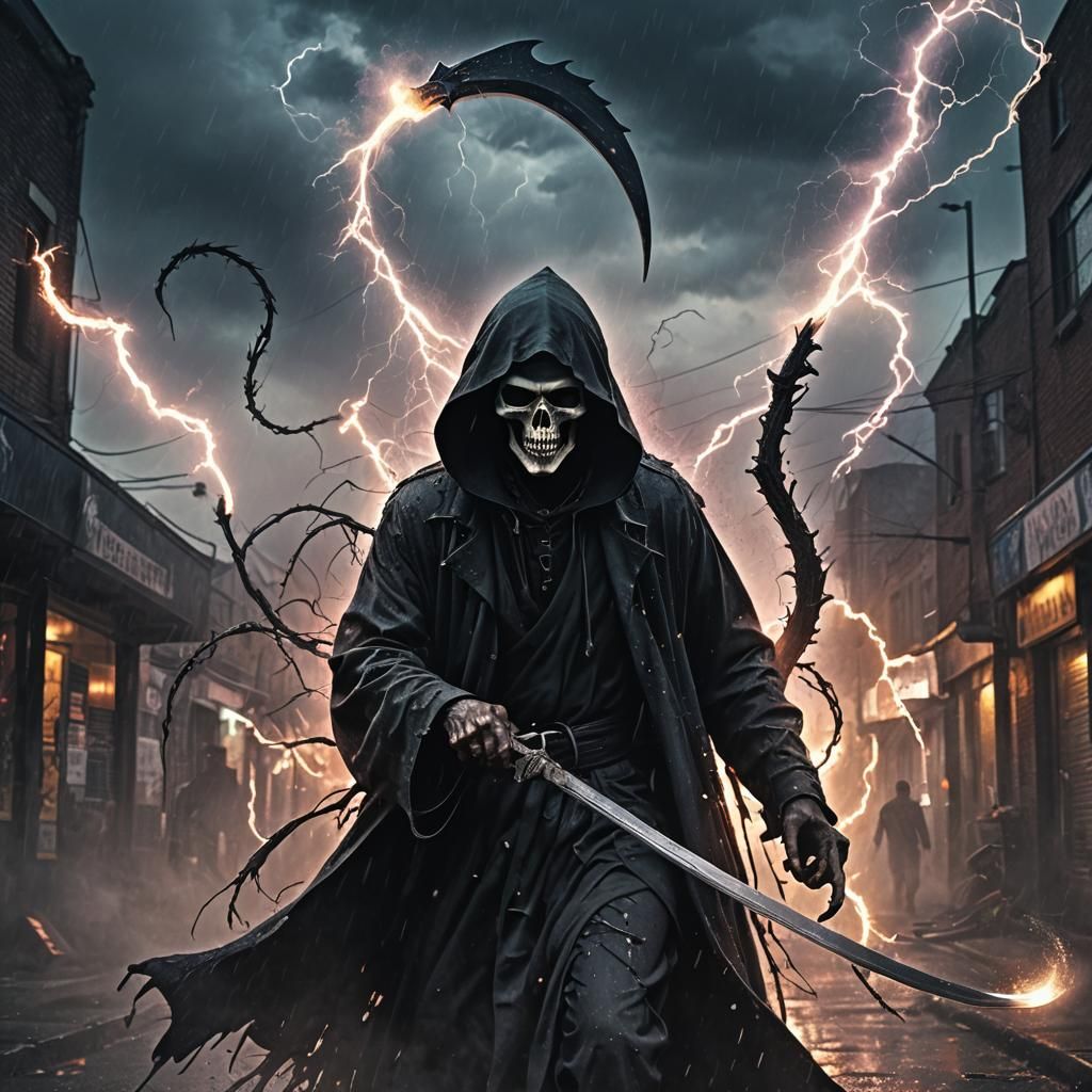 the grim reaper Hyperrealistic, splash art, concept art, mid...