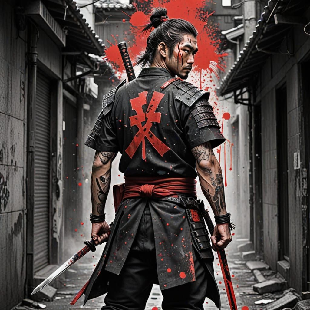 Edgy Street Samurai Tattoo Art in Trash Polka Style