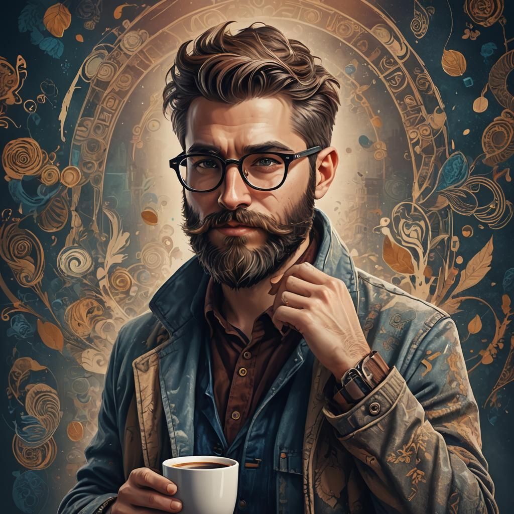 Hipster Portrait with Coffee Cup as Digital Art