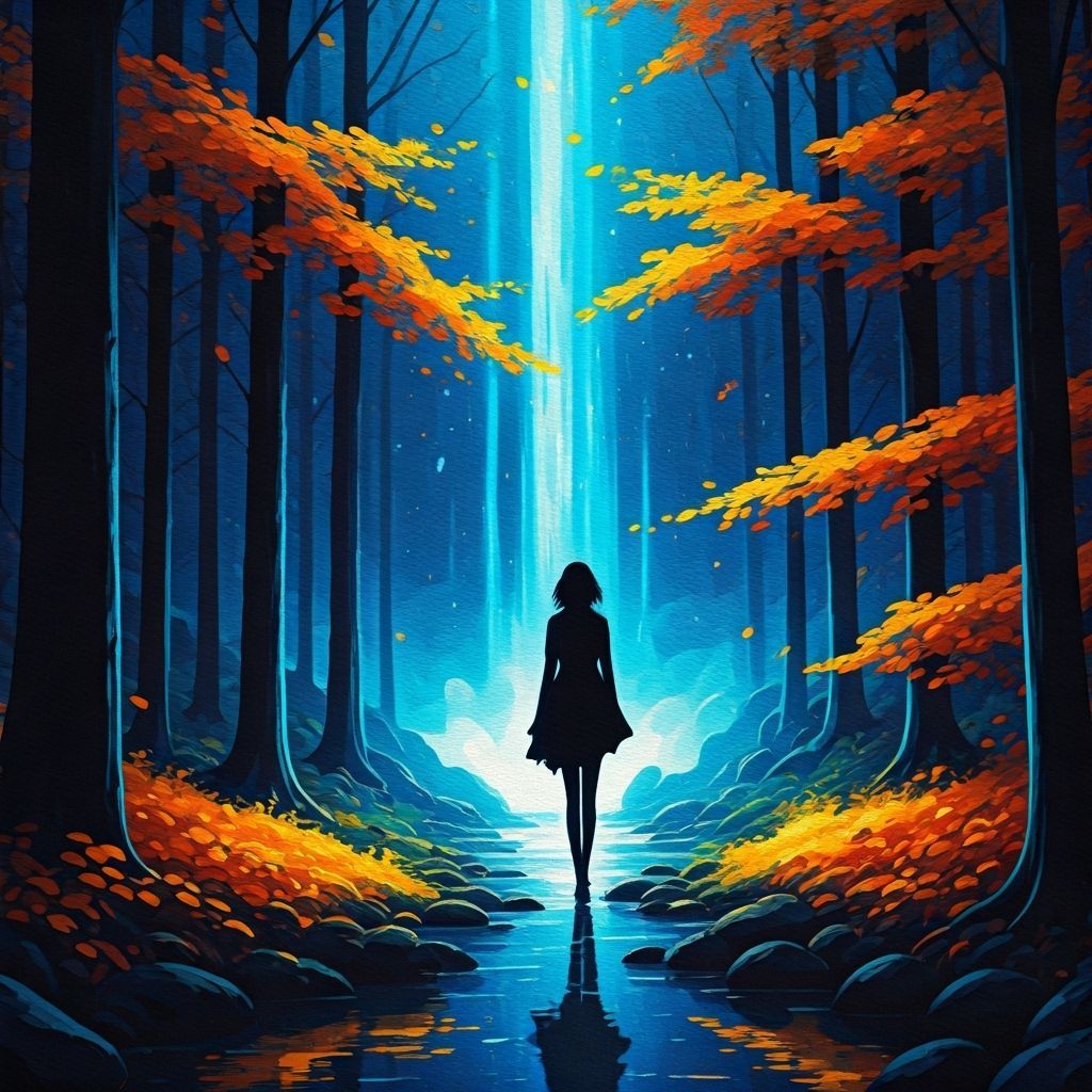 Glowing Waterfall in Autumn Forest, Neo-Impressionist Style