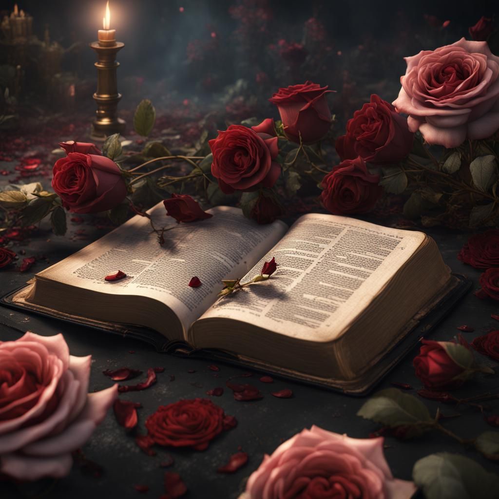 Black Bible Surrounded by Roses: Fantasy Art