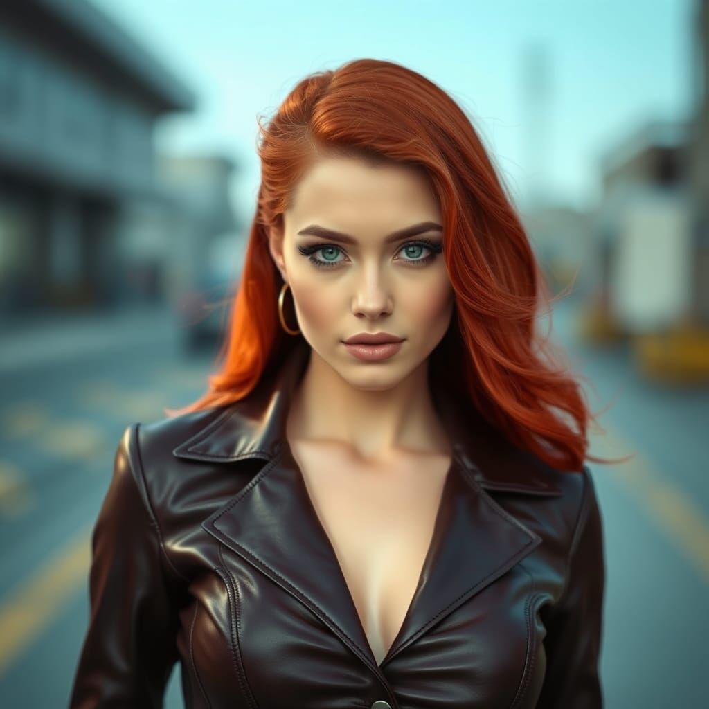 Attractive Redhead in Leather Suit Portrait