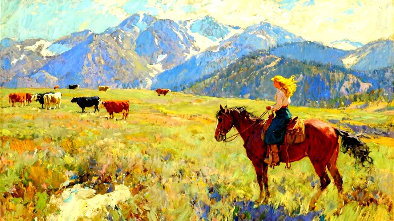 Cowgirl in the Sawtooth Mountains, Impressionistic Oil Paint...