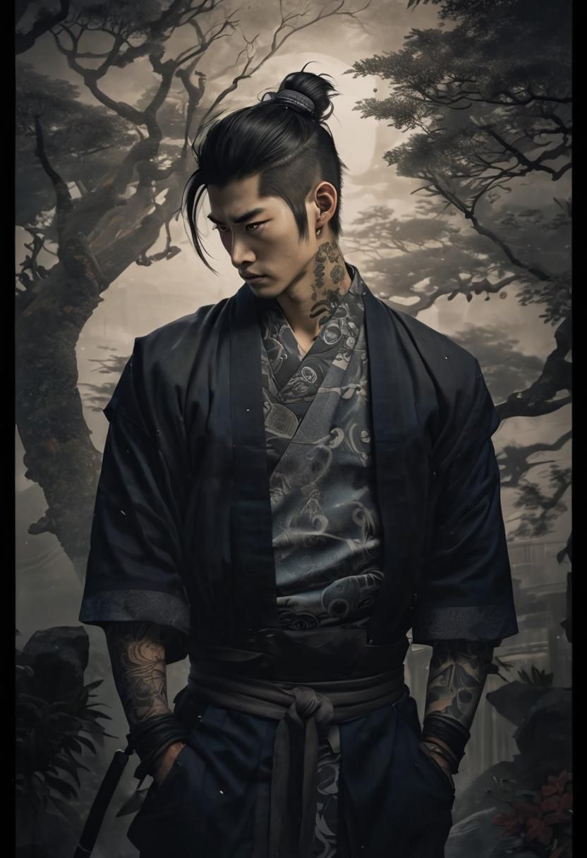 Androgynous Samurai in Ukiyo-e Style Cityscape