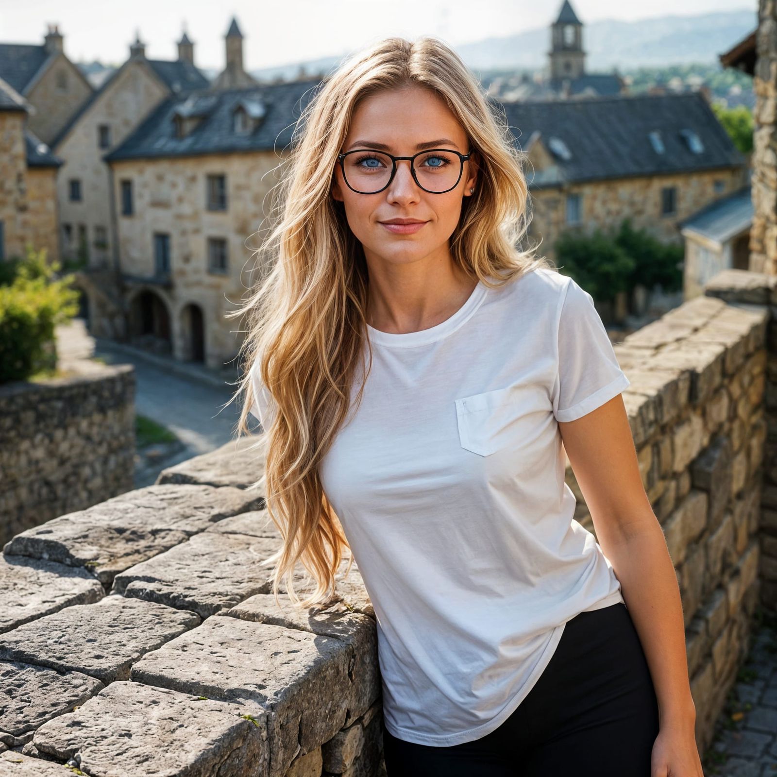 Blonde Woman in White T-Shirt Leaning on Stone Wall