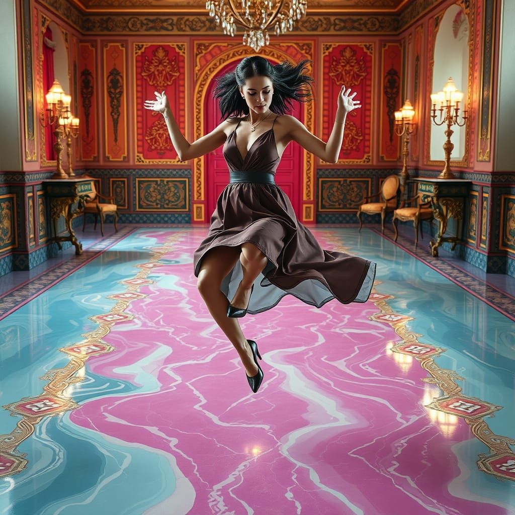 Elegant Woman Leaps on Vibrant Latex Floor