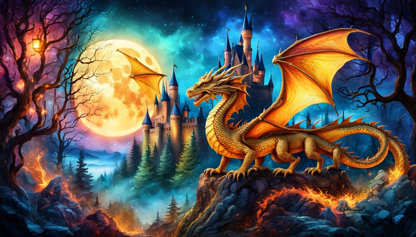 Dragon in Forest Castle: Alcohol Ink Fantasy Art