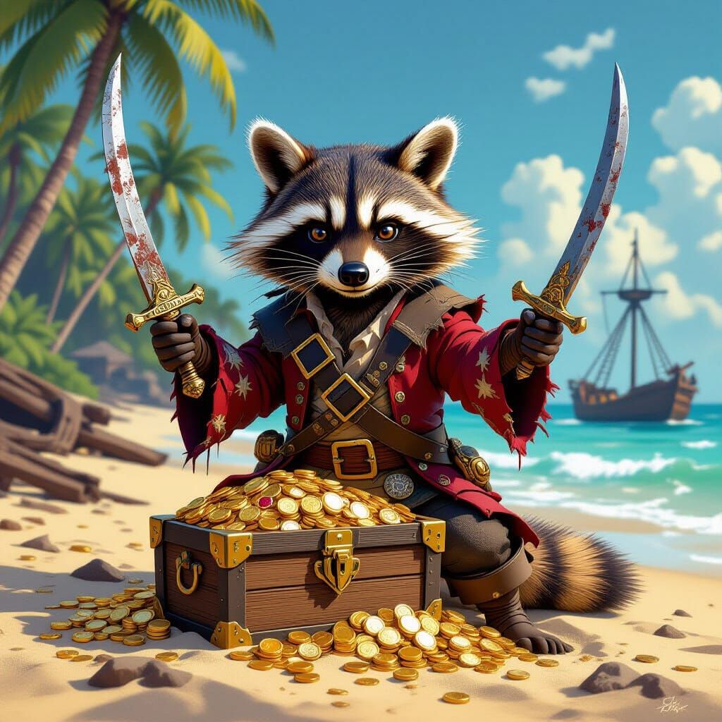 Raccoon Pirate Guarding Treasure Chest in Glitch Art Style