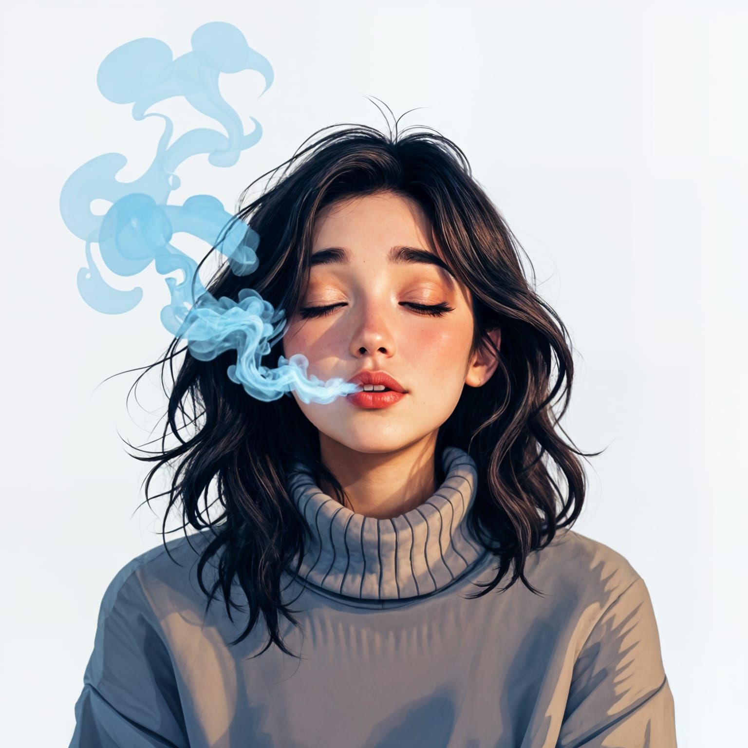 Young Woman with Blue Smoke, Soft Lighting