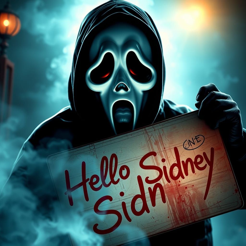 Ghostface with Glowing Eyes Holds Hello Sidney Sign