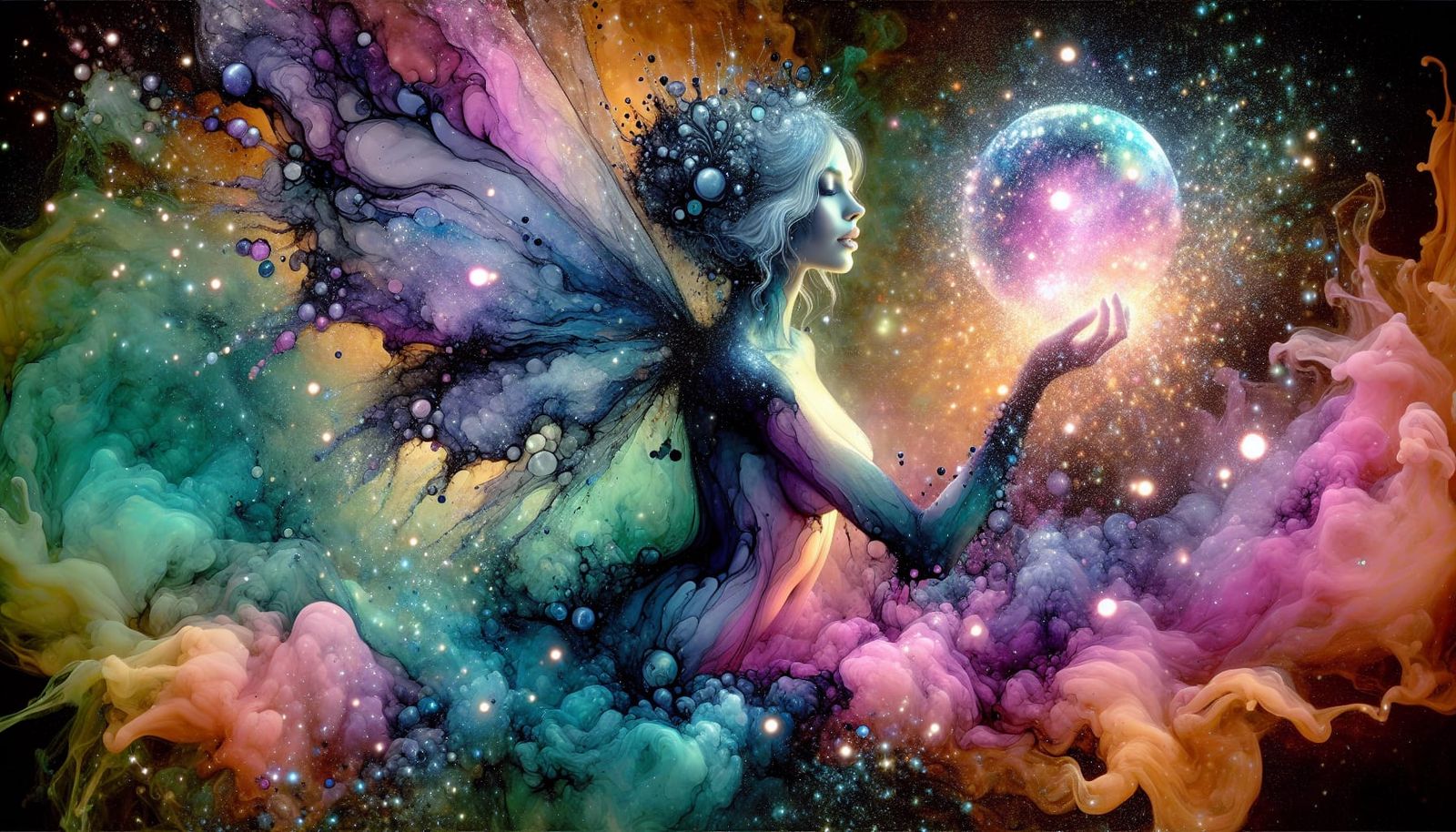 Water Sprite in Vibrant Cosmic Dreamscape