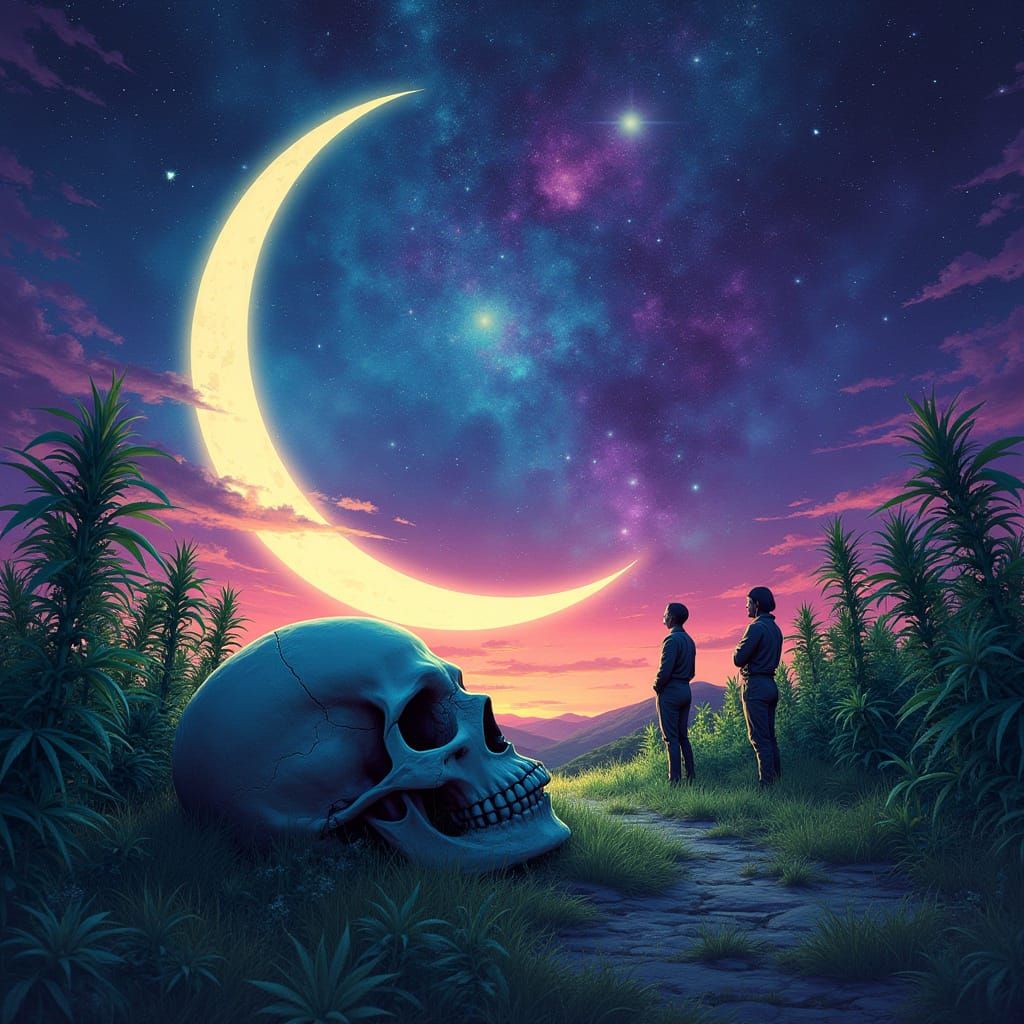 Bioluminescent Galaxy Over Cannabis Field and Moon