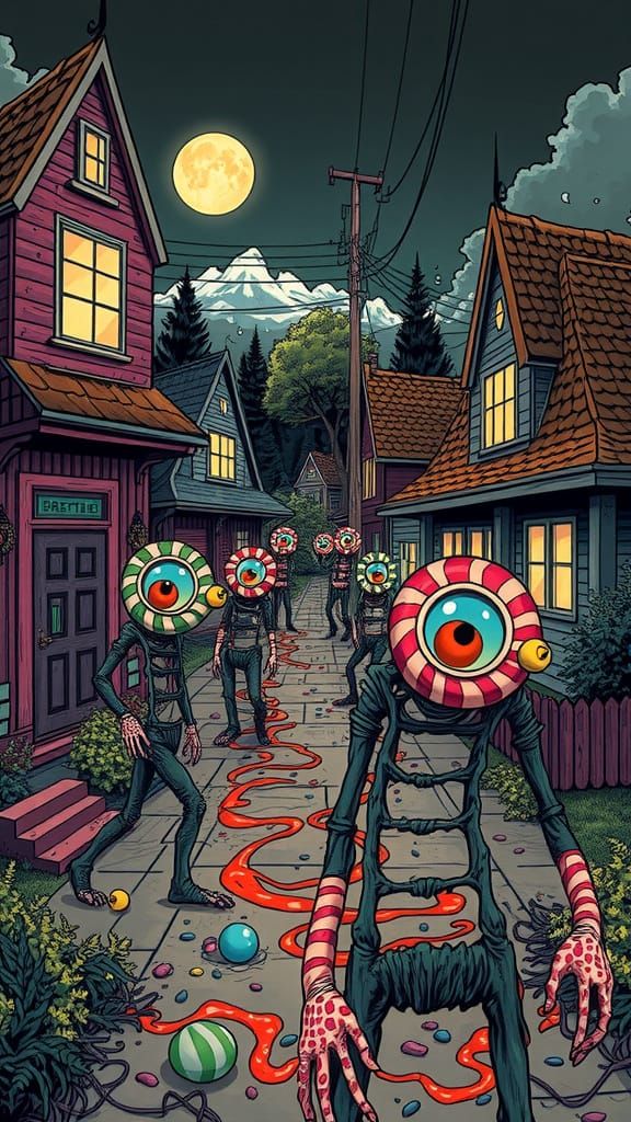 suburban neighborhood where candy has come to life