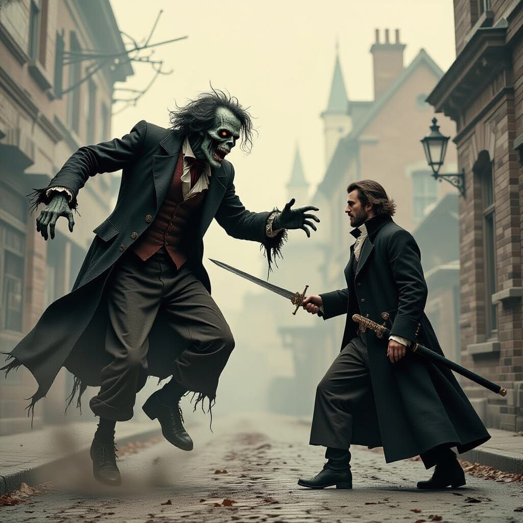 Victorian Zombie Falls Towards Swordsman in Gothic Horror St...