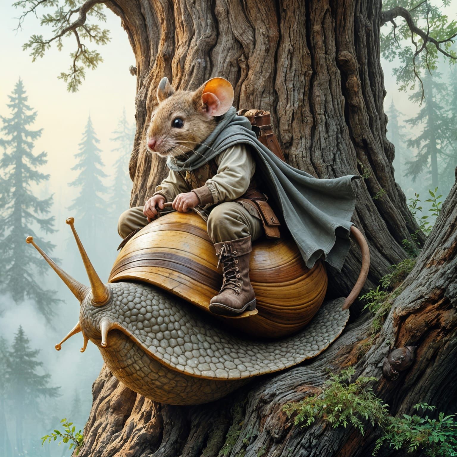 Mouse Rider on Giant Snail Climbing Sequoia Tree