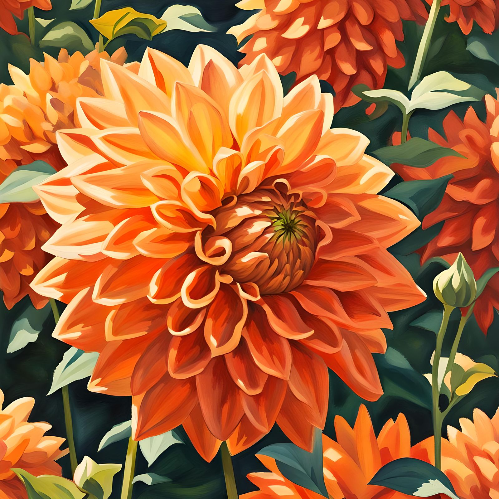 Orange Dahlia in Dappled Light: Gouache Impressionist Style