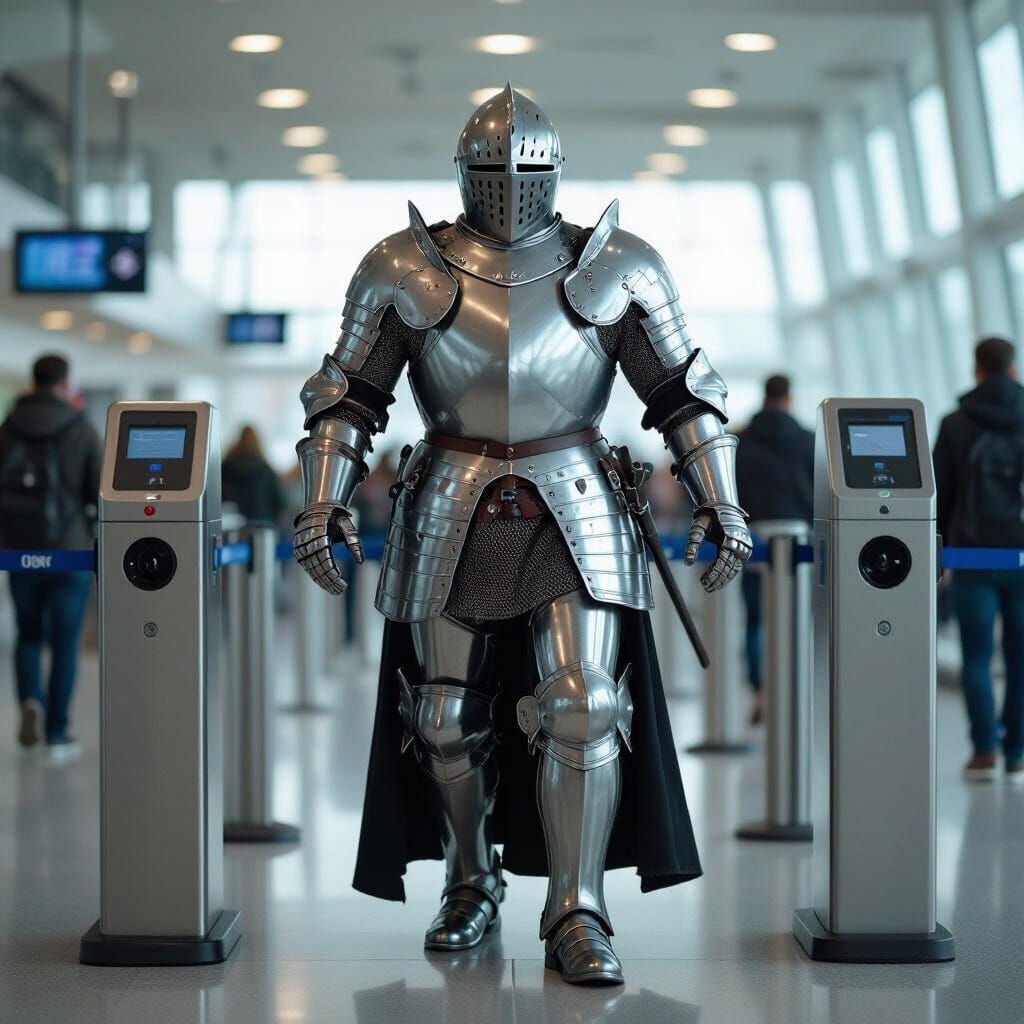 Knight in Armor Navigates Airport Security