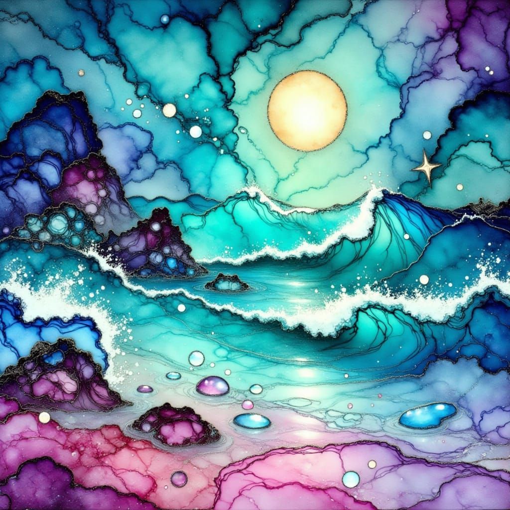 Giant Waves Crashing on Rocks in Dreamy Landscape