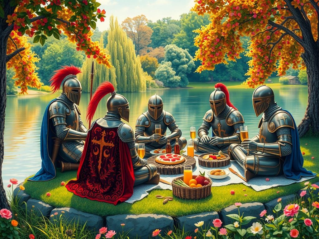 Knights' Lakeside Picnic in Pointillist Style